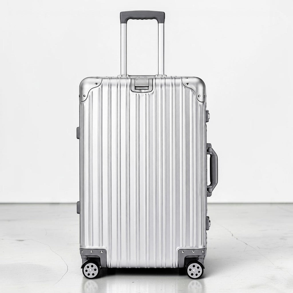 CASE.01 aluminum suitcase with retractable handle and four spinner wheels. Silver ribbed exterior with black accents.