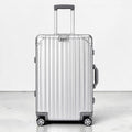 CASE.01 aluminum suitcase with retractable handle and four spinner wheels. Silver ribbed exterior with black accents.