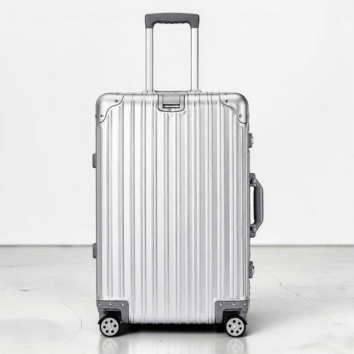 CASE.01 aluminum suitcase with retractable handle and four spinner wheels. Silver ribbed exterior with black accents.