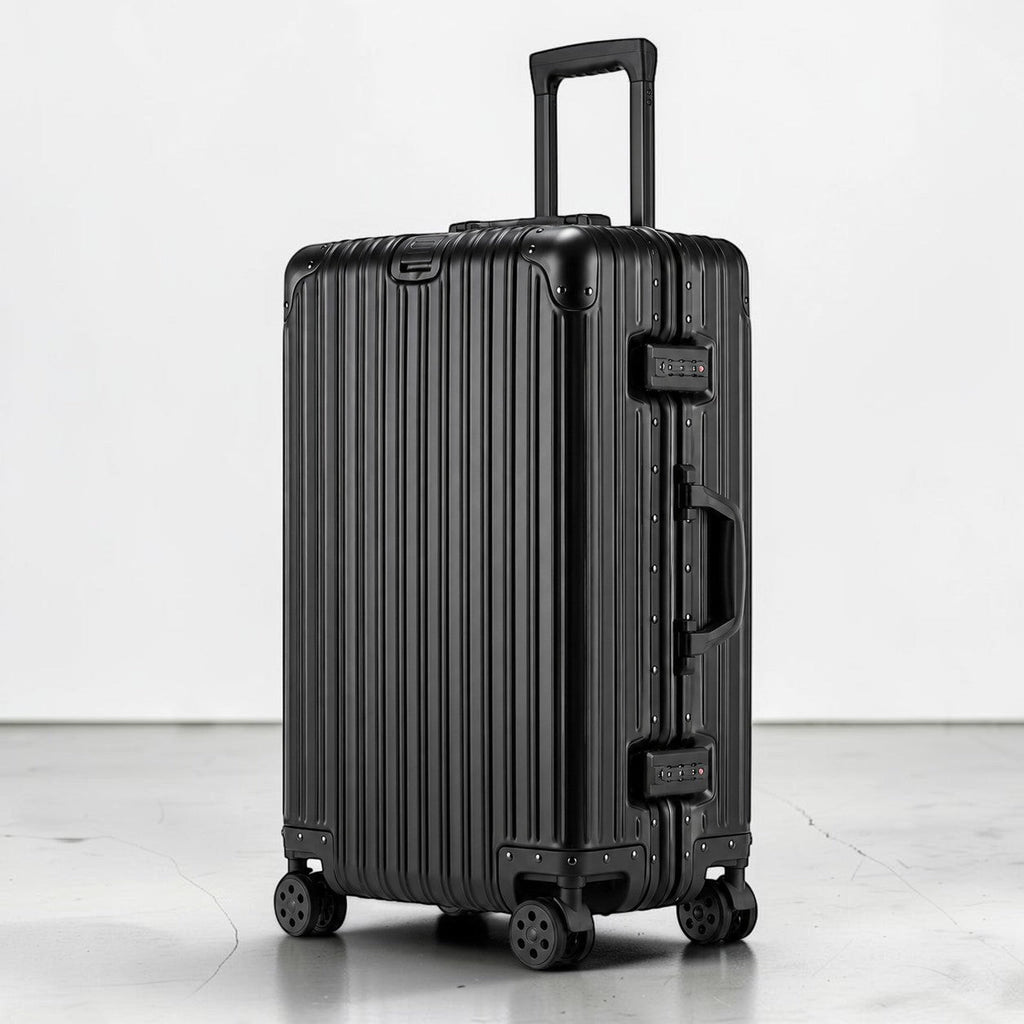 CASE.01 aluminum suitcase with navy blue interior lining and straps, TSA locks, and spinner wheels.