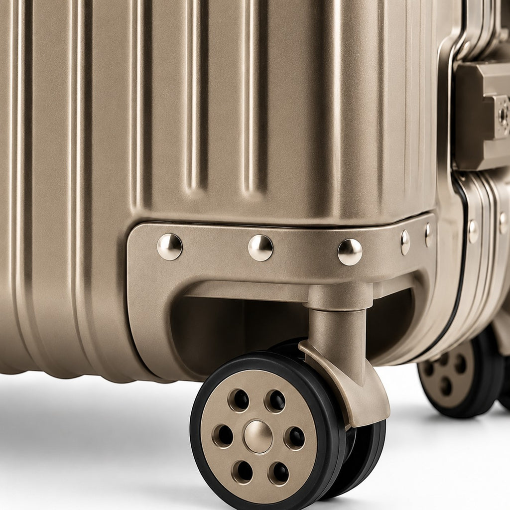 CASE.01 aluminum suitcase in champagne gold with riveted corner details and spinner wheels.