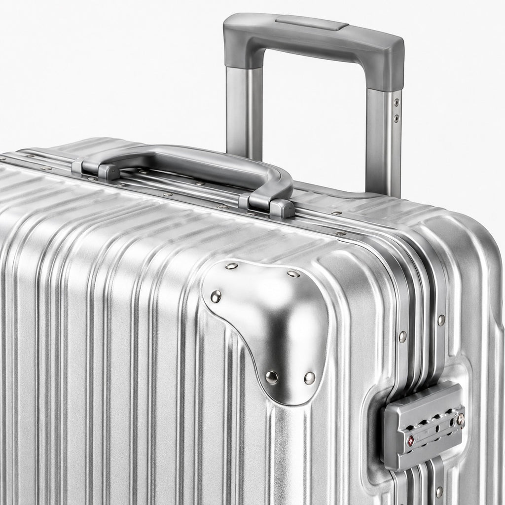 CASE.01 aluminum suitcase with retractable handle and TSA lock. Silver ribbed exterior.
