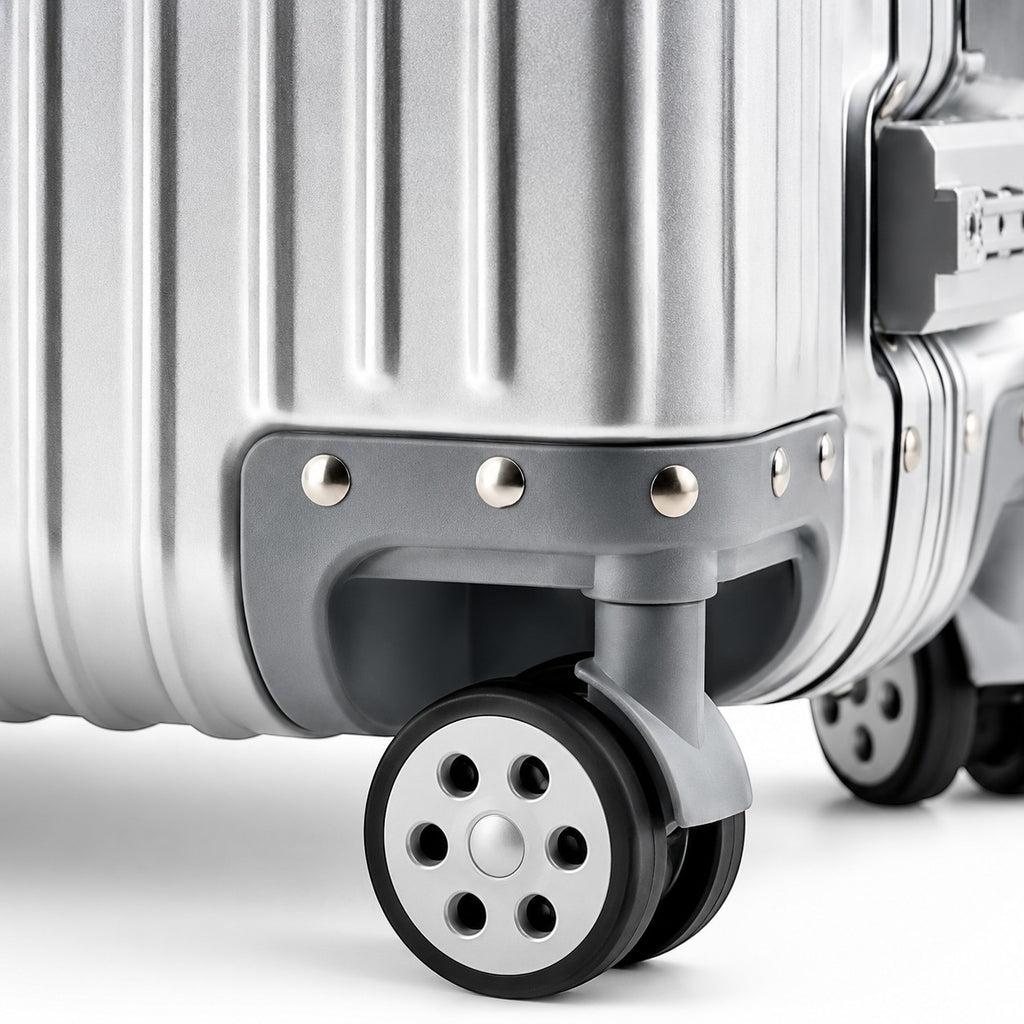 CASE.01 aluminum suitcase with silver ribbed exterior, grey accents, and spinner wheels. Minimalist design.