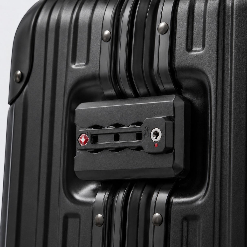 CASE.01 aluminum suitcase with TSA lock and ribbed texture. Black.