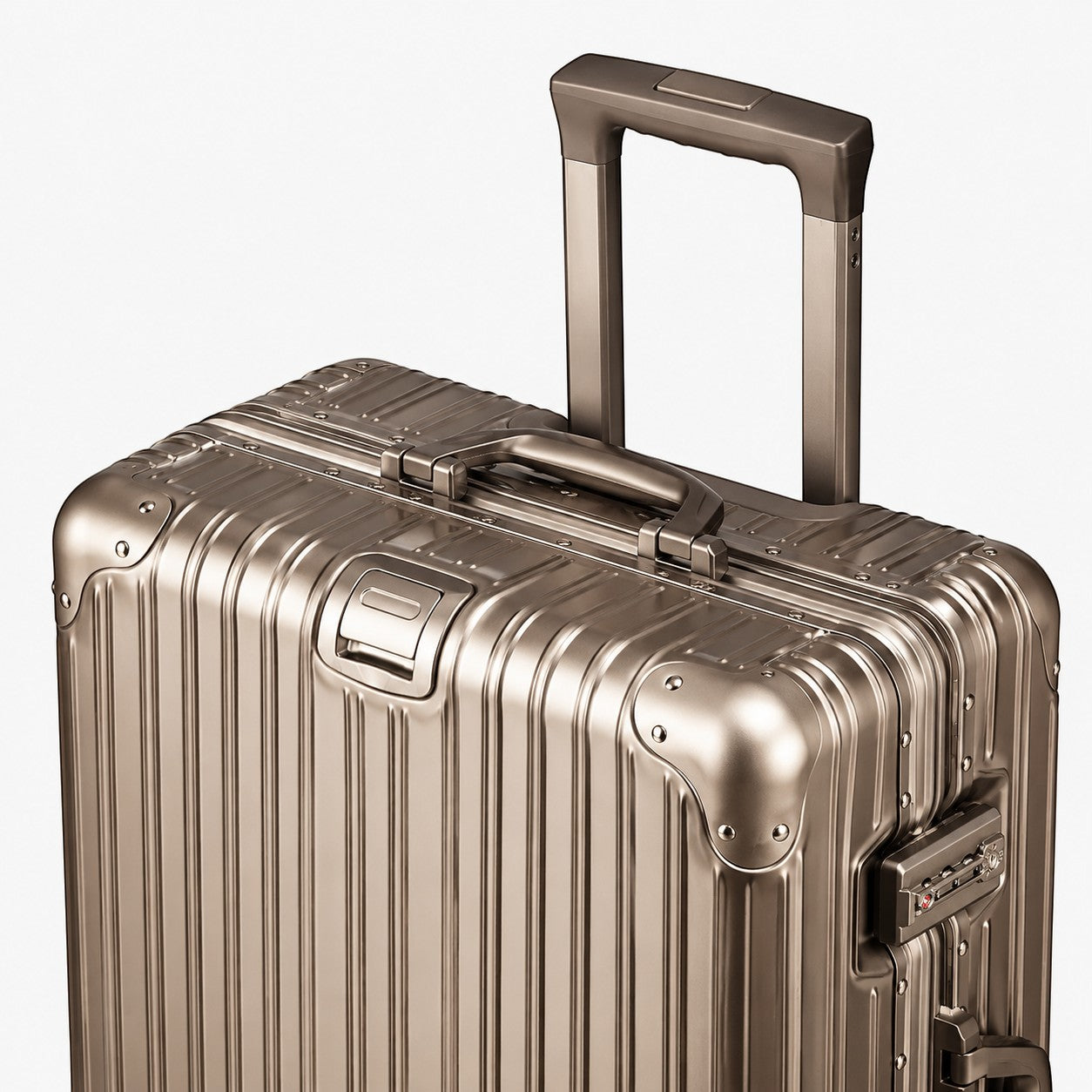 CASE.01 aluminum suitcase in champagne gold with TSA lock and telescopic handle.