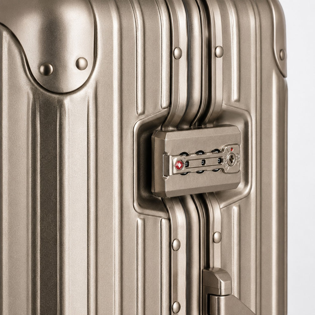 CASE.01 aluminum suitcase in champagne gold with TSA combination lock and ribbed exterior.