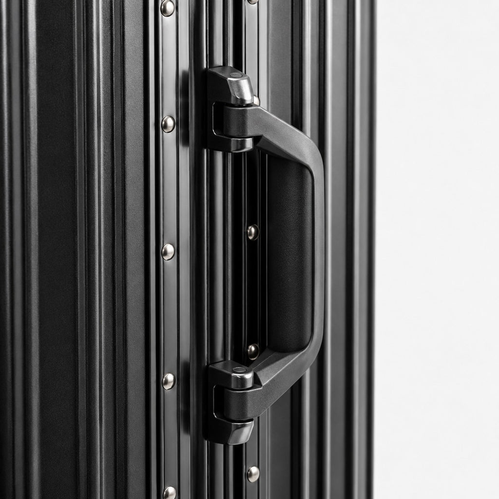 CASE.01 aluminum suitcase in black with a sturdy handle and riveted details. Minimalist design for modern travel.