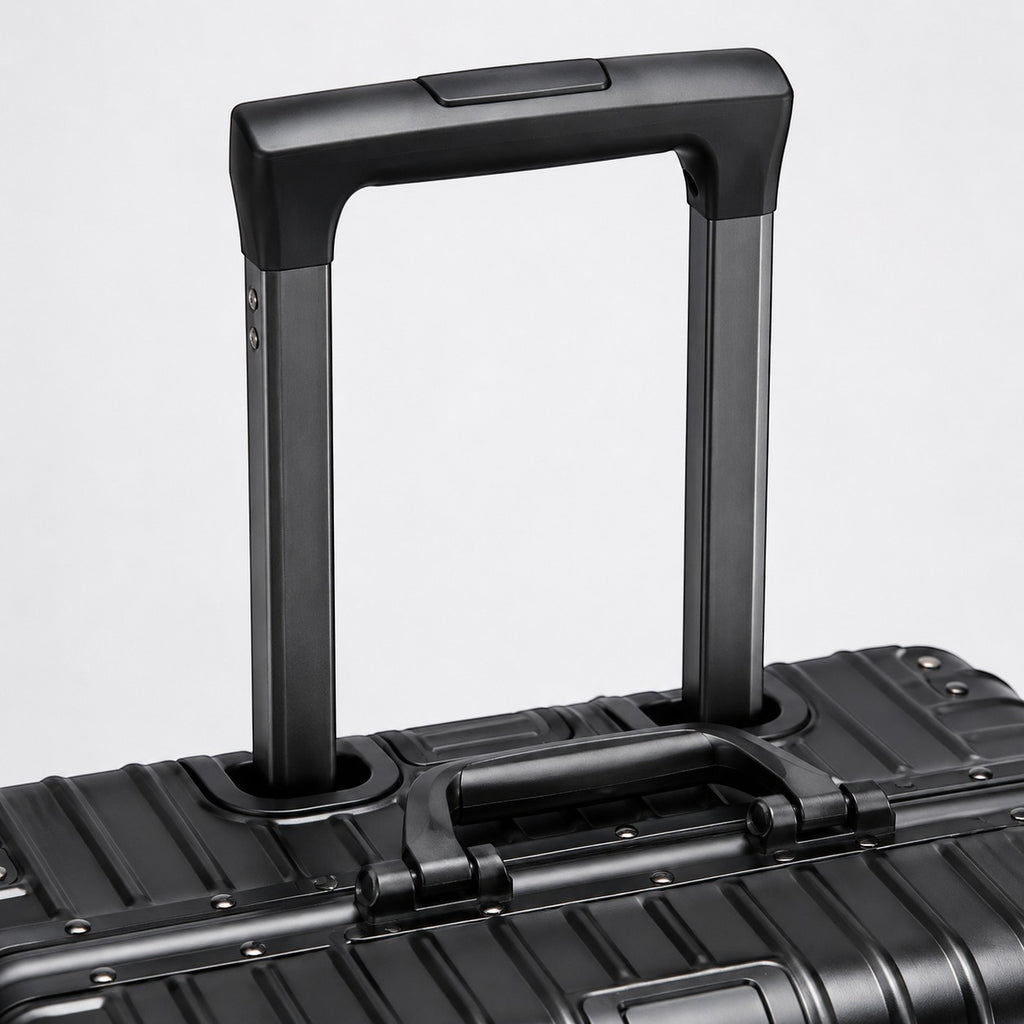 CASE.01 aluminum suitcase with black telescoping handle and side handle. Minimalist design.