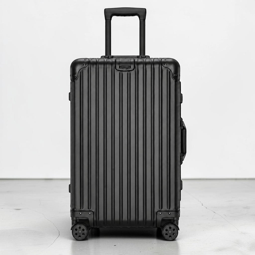 CASE.01 aluminum suitcase in black with ribbed texture, telescopic handle, and spinner wheels.