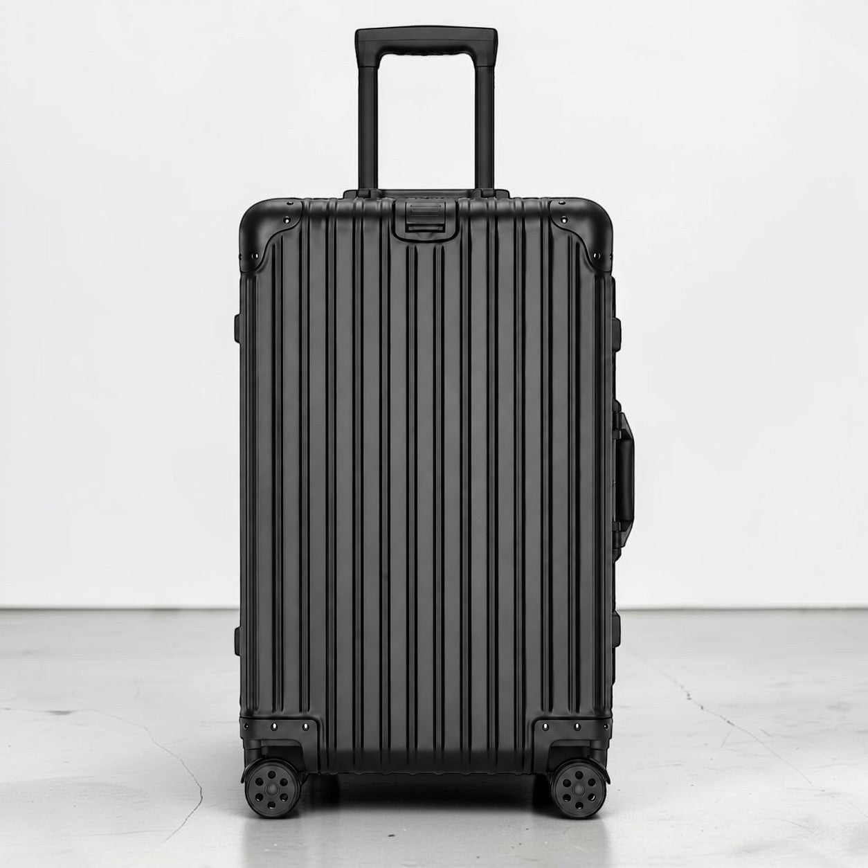 CASE.01 aluminum suitcase in black with ribbed texture, telescopic handle, and spinner wheels.