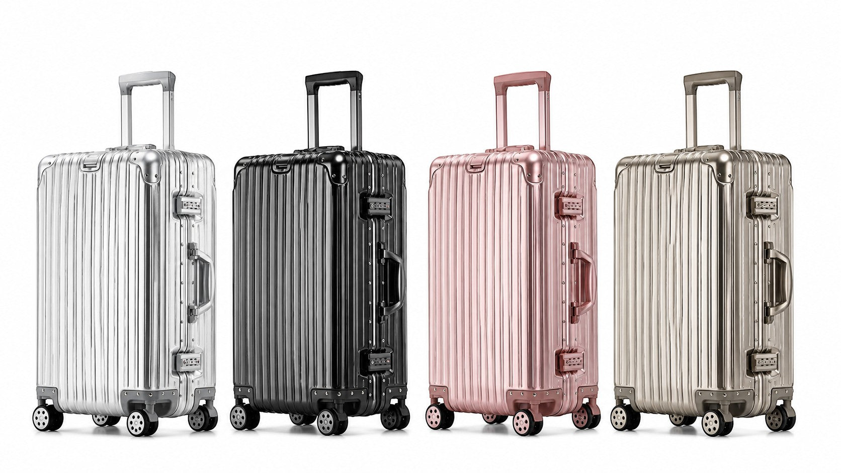 CASE.01 aluminum suitcase in silver, black, rose gold, and champagne. Features ribbed exterior, TSA locks, and telescoping handle.