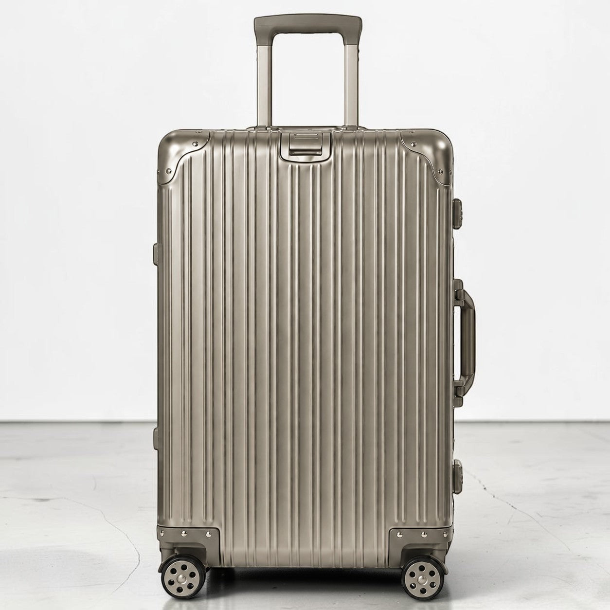 CASE.01 aluminum suitcase in champagne with telescopic handle and four spinner wheels. Minimalist design.