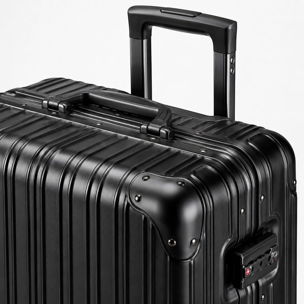 CASE.01 aluminum suitcase in black with TSA lock and telescoping handle. Minimalist design.