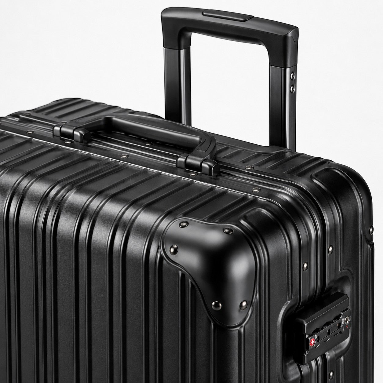 CASE.01 aluminum suitcase in black with TSA lock and telescoping handle. Minimalist design.