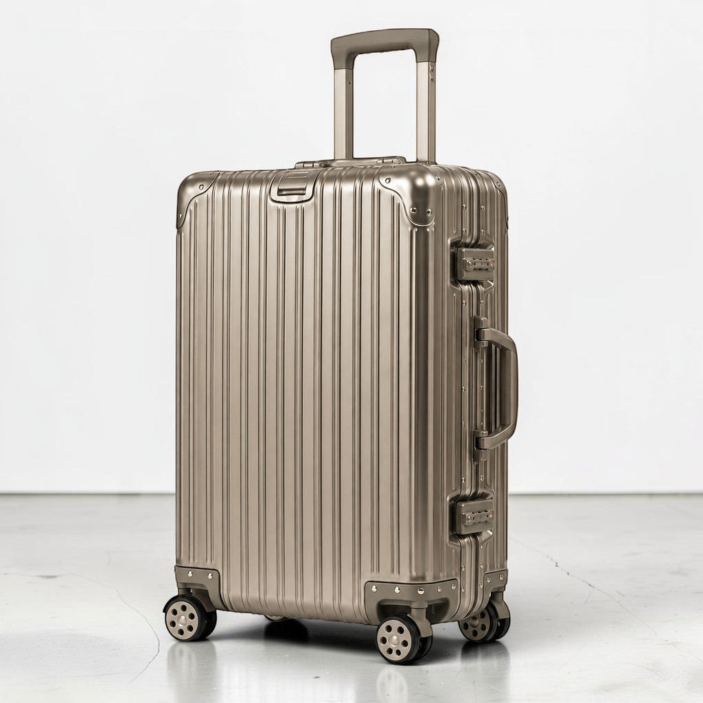 CASE.01 aluminum suitcase in champagne color with ribbed texture, TSA locks, and telescoping handle.