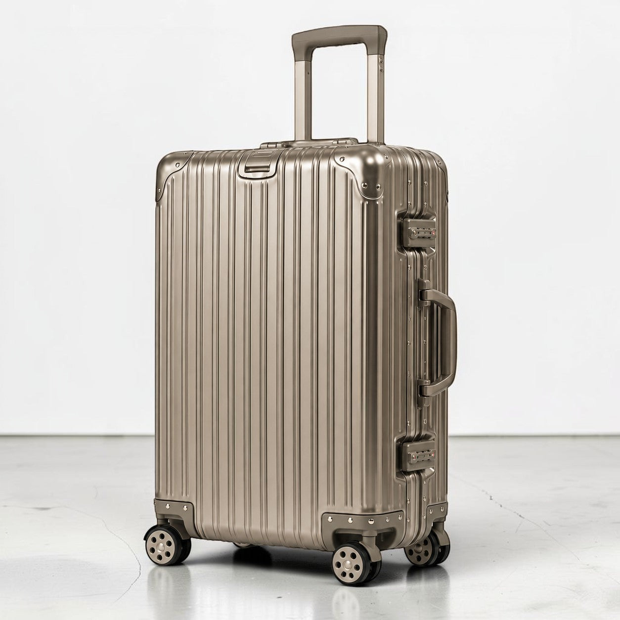 CASE.01 aluminum suitcase in champagne color with ribbed texture, TSA locks, and telescoping handle.