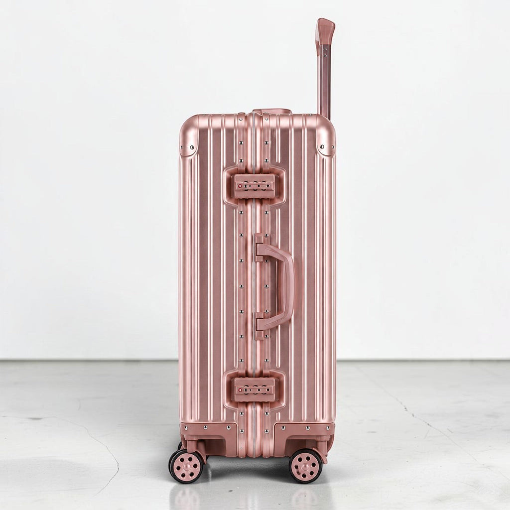 CASE.01 aluminum suitcase in rose gold with TSA locks and retractable handle. Cabin size.