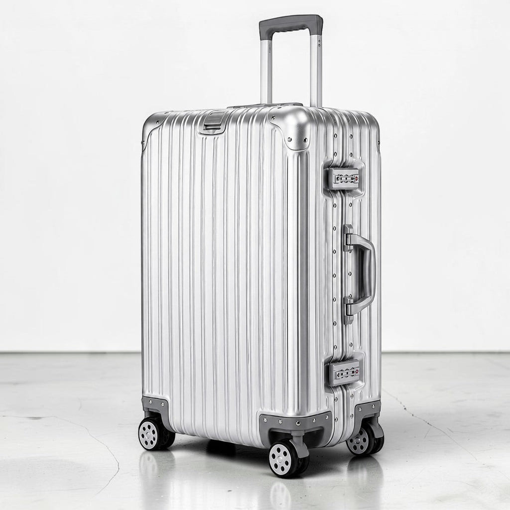 CASE.01 aluminum suitcase with TSA locks and telescopic handle. Silver ribbed exterior, four spinner wheels.